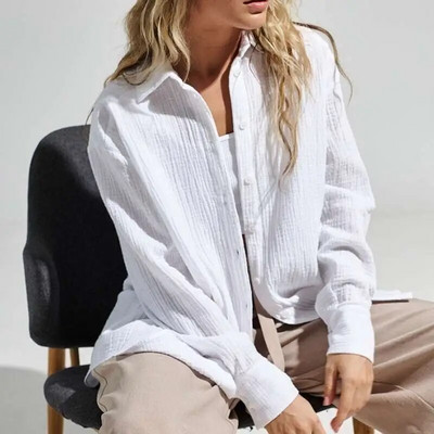 Vasariniai medvilniniai marškiniai moterims Kvėpuojantys ilgomis rankovėmis nuo saulės apsaugantys marškiniai biuro moteriška solidi palaidinė Moteriška laisvi prašmatnūs viršutiniai viršutiniai drabužiai