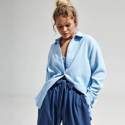 Vasariniai medvilniniai marškiniai moterims Kvėpuojantys ilgomis rankovėmis nuo saulės apsaugantys marškiniai biuro moteriška solidi palaidinė Moteriška laisvi prašmatnūs viršutiniai viršutiniai drabužiai