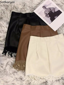 PU mini suknje visokog struka s podstavom Ženske tanke, seksi uredske dame s kićankama Nepravilnog dizajna, jednostavne, jednobojne, nove jesenske haljine u trendu