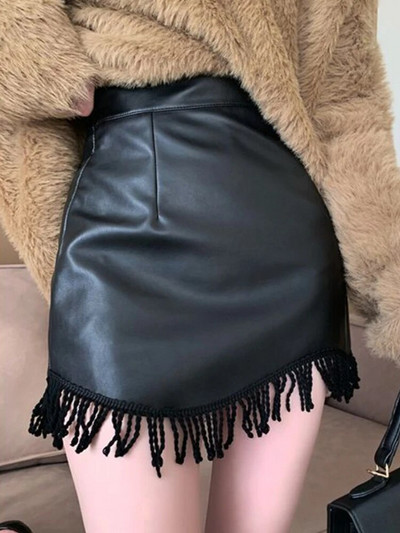 PU mini suknje visokog struka s podstavom Ženske tanke, seksi uredske dame s kićankama Nepravilnog dizajna, jednostavne, jednobojne, nove jesenske haljine u trendu