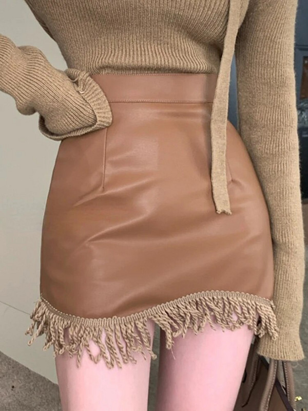 PU mini suknje visokog struka s podstavom Ženske tanke, seksi uredske dame s kićankama Nepravilnog dizajna, jednostavne, jednobojne, nove jesenske haljine u trendu