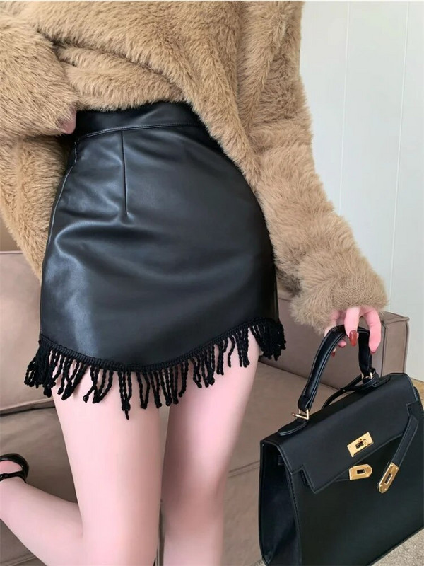 PU mini suknje visokog struka s podstavom Ženske tanke, seksi uredske dame s kićankama Nepravilnog dizajna, jednostavne, jednobojne, nove jesenske haljine u trendu