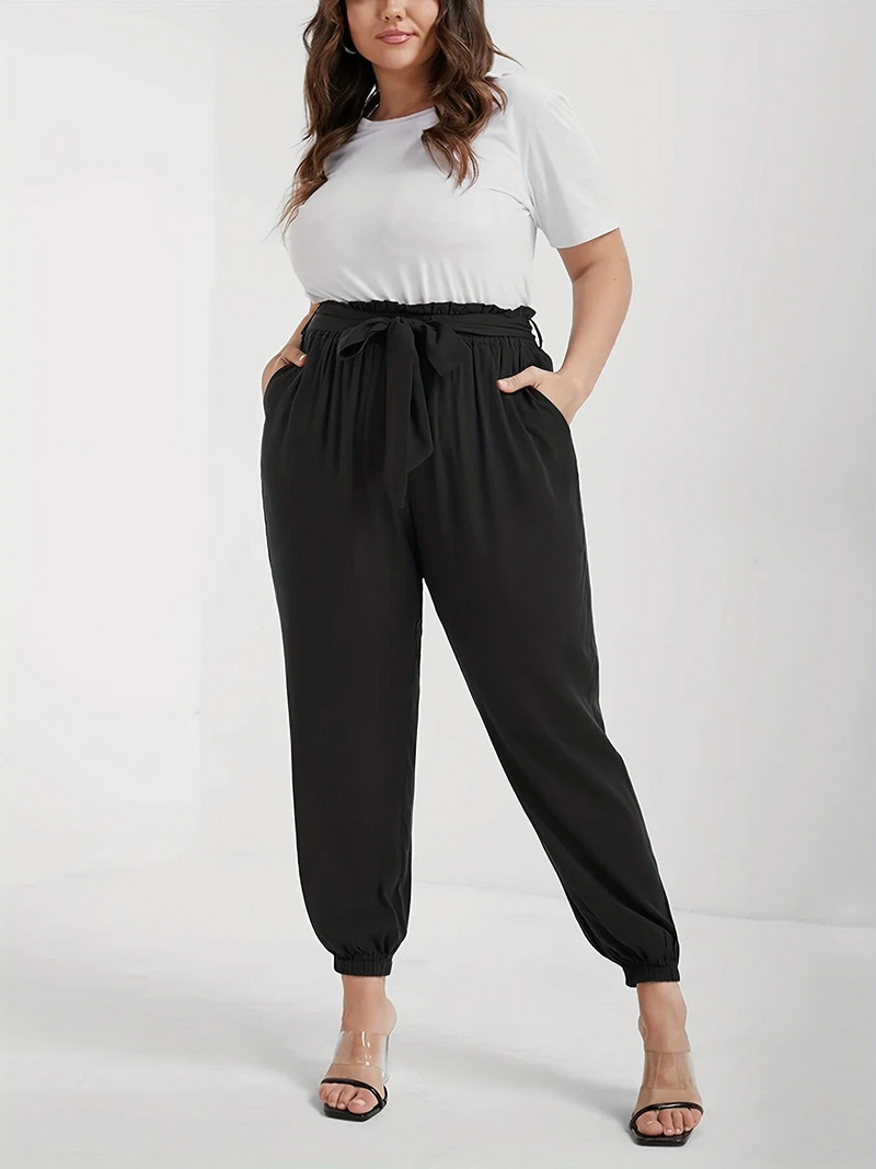 2023. aasta suve uued naiste pluss suuruses Euroopa ja Ameerika stiilis kõrge venivusega kangast nööriga disainiga püksid üheksa punktiga püksid