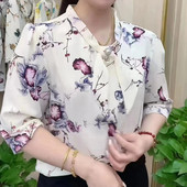 Nauji moteriški laisvalaikio pusrankoviai peteliškės apykakle, margintos palaidinės, viršutinės moteriškos pavasario vasaros stiliaus šifoninės palaidinės Marškiniai