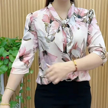 Нови дамски ежедневни блузи с щампи с яка с половин ръкав и яка с папийонка Топове Дамски пролетно-лятен стил Шифонени блузи Ризи
