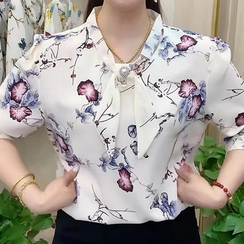 Нови дамски ежедневни блузи с щампи с яка с половин ръкав и яка с папийонка Топове Дамски пролетно-лятен стил Шифонени блузи Ризи