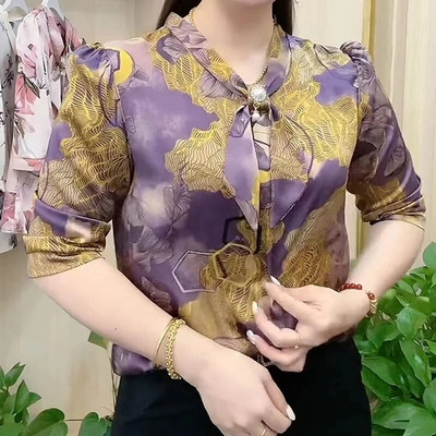 Nauji moteriški laisvalaikio pusrankoviai peteliškės apykakle, margintos palaidinės, viršutinės moteriškos pavasario vasaros stiliaus šifoninės palaidinės Marškiniai