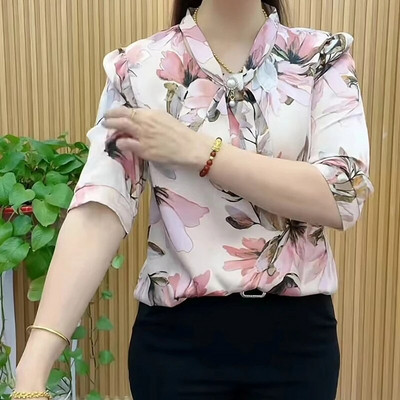 Nauji moteriški laisvalaikio pusrankoviai peteliškės apykakle, margintos palaidinės, viršutinės moteriškos pavasario vasaros stiliaus šifoninės palaidinės Marškiniai