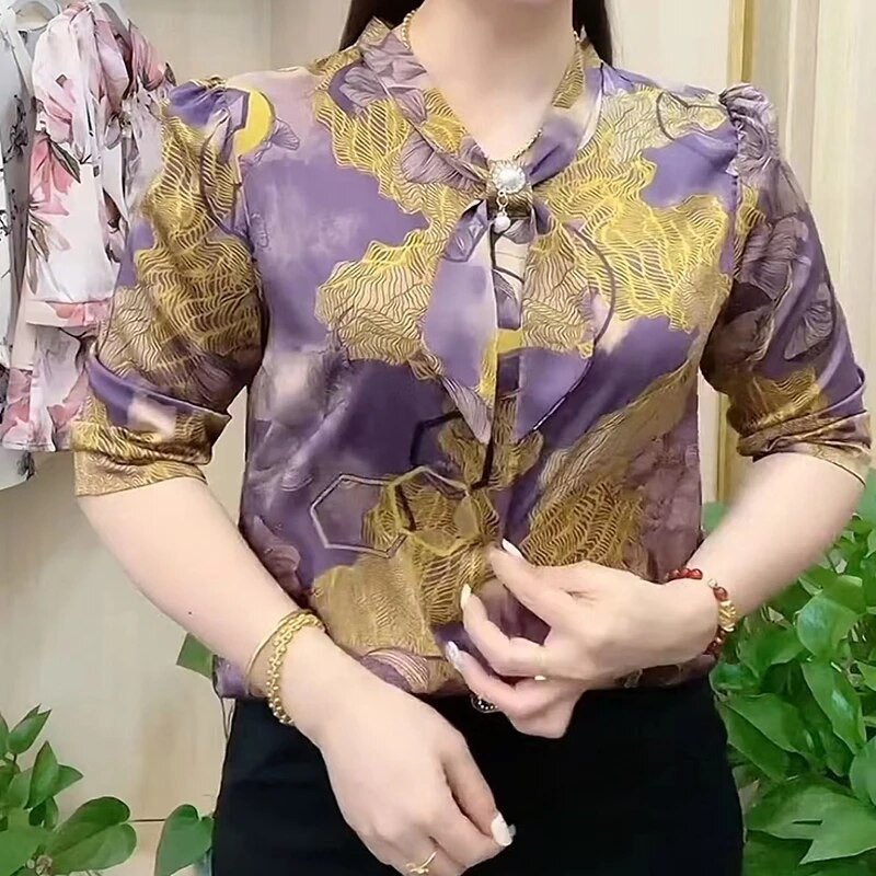 Nauji moteriški laisvalaikio pusrankoviai peteliškės apykakle, margintos palaidinės, viršutinės moteriškos pavasario vasaros stiliaus šifoninės palaidinės Marškiniai