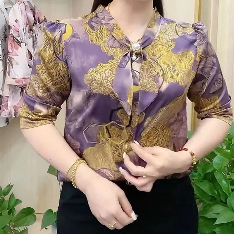 Nauji moteriški laisvalaikio pusrankoviai peteliškės apykakle, margintos palaidinės, viršutinės moteriškos pavasario vasaros stiliaus šifoninės palaidinės Marškiniai