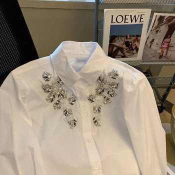 Neploe 2023 Άνοιξη Femme Λευκές μπλούζες Γαλλικές βαριές χάντρες Απαλές καθημερινές μπλούζες με νέα λαιμόκοψη μακρυμάνικα φαρδιά πουκάμισα