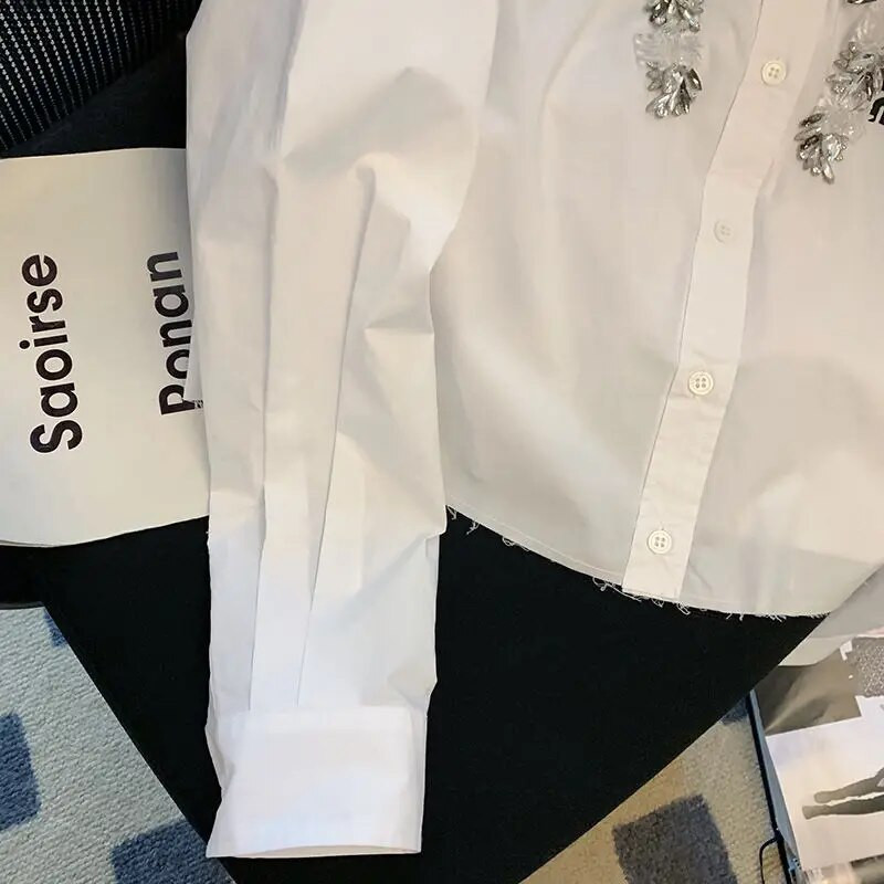 Neploe 2023 Spring Femme valged topid Prantsuse rasked töö helmestega õrnad vabaaja pluusid, uue kaelusega pikkade varrukatega töölkäimise lahtised särgid