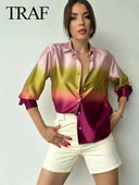 TRAF lipsuvärvi särk naistele vabaaja nööpidega revääriga satiinist pikkade varrukatega särgid 2023 Tänavarõivad Naiste šikid topsid õhuke pluus