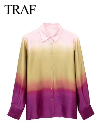 Πουκάμισο TRAF Tie Dye Γυναικείο Πουκάμισο με στάμπα με σατέν μακρυμάνικο πουκάμισο 2023 Streetwear Γυναικεία κομψά μπλουζάκια Slim μπλούζα