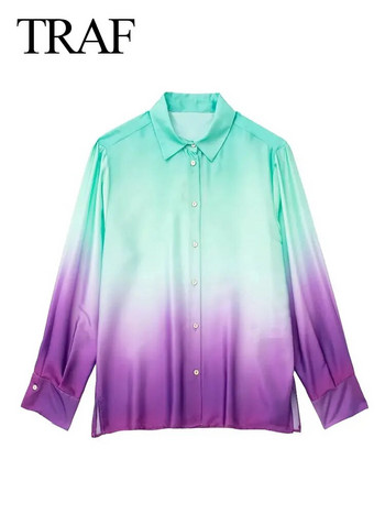 Дамска риза TRAF Tie Dye Ежедневни сатенени ризи с дълъг ръкав с копчета и ревери 2023 Улично облекло Женски шикозни топове Тънка блуза