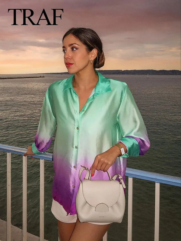 TRAF lipsuvärvi särk naistele vabaaja nööpidega revääriga satiinist pikkade varrukatega särgid 2023 Tänavarõivad Naiste šikid topsid õhuke pluus