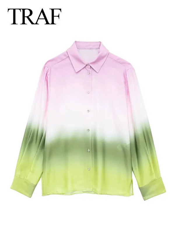 TRAF lipsuvärvi särk naistele vabaaja nööpidega revääriga satiinist pikkade varrukatega särgid 2023 Tänavarõivad Naiste šikid topsid õhuke pluus