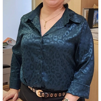 Пролет 2023 г. Офис дамски топове с дълъг ръкав Леопардова жакардова блуза Модна риза с отложена яка с копчета Есенни топове Елегантни 19169