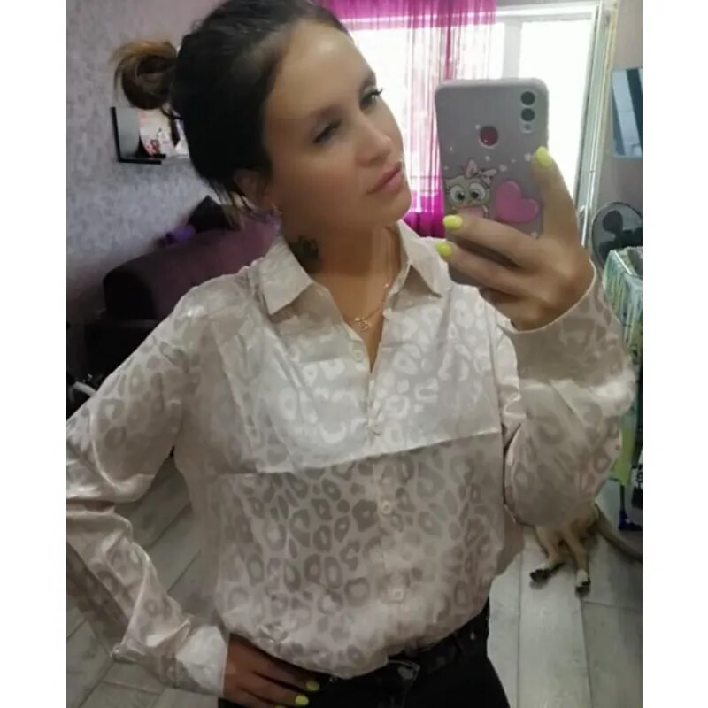 2023. aasta kevadkontori naiste topid, pikkade varrukatega leopard-žakaarpluus Moodne kraega nööbiga särk Sügistopsid elegantsed 19169