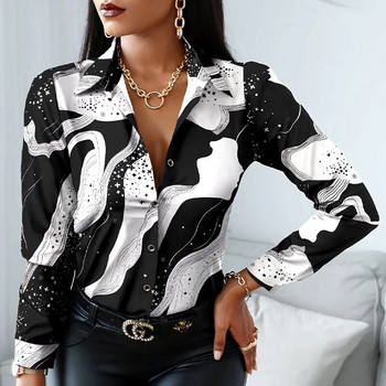 Офис дама с отложена яка с леопардов принт Риза с раирани ревери Модна блуза с дълъг ръкав Ежедневни горнища Ретро дрехи 18972