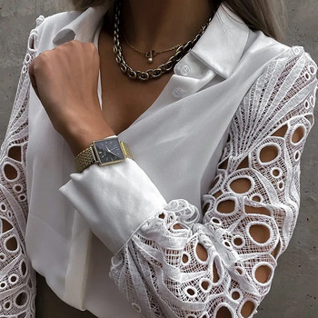 Λευκό δαντελένιο πουκάμισο συνονθύλευμα Γυναικείο μπλουζάκι άνοιξη καλοκαίρι casual μακρυμάνικο για Mujer 2022 Vintage μπλούζες με κουμπιά με κουμπιά