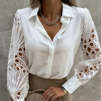 Бяла дантелена пачуърк риза Топ дамска пролет лято Ежедневни блузи с дълъг ръкав за Mujer 2022 ретро блузи с издълбани копчета
