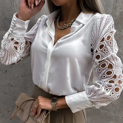 Бяла дантелена пачуърк риза Топ дамска пролет лято Ежедневни блузи с дълъг ръкав за Mujer 2022 ретро блузи с издълбани копчета