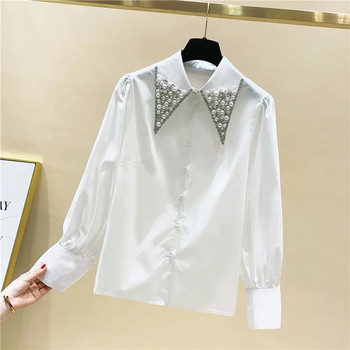 Висококачествена бяла риза с яка с перли и диаманти Дамски топове Mujer 2022 Пролет Ново пристигане OL Елегантни горнища с блузи Camisas Mujer