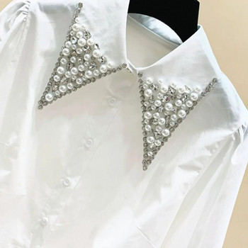 Висококачествена бяла риза с яка с перли и диаманти Дамски топове Mujer 2022 Пролет Ново пристигане OL Елегантни горнища с блузи Camisas Mujer