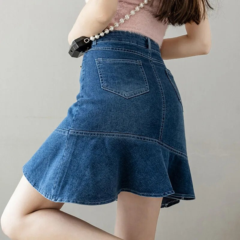 DFRCAEG 2023 vasarinis džinsinis sijonas moterims aukštu juosmeniu vidutinio ilgio Mermaid mėlyni džinsiniai sijonai Korėjos laisvalaikio plius dydžio Jupe Femme