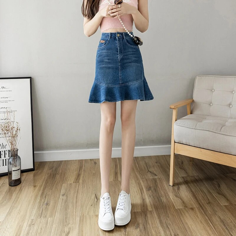 DFRCAEG 2023 vasarinis džinsinis sijonas moterims aukštu juosmeniu vidutinio ilgio Mermaid mėlyni džinsiniai sijonai Korėjos laisvalaikio plius dydžio Jupe Femme