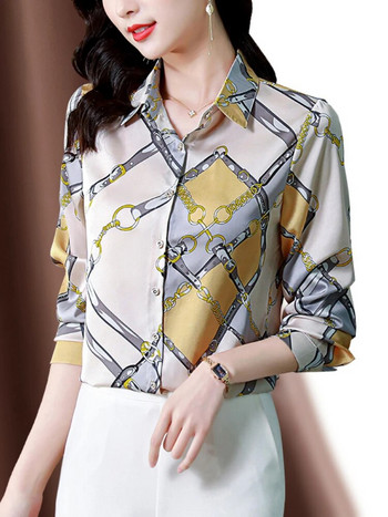 2023 Есенна дамска риза с моден печат Сатенена блуза с дълъг ръкав Винтидж дамски елегантни блузи OL Дамски топове Дамско облекло