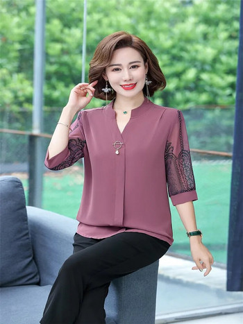 Корейски ризи Топове Дамски блузи Офис шифонени ризи Елегантна V-яка 3/4 ръкав Дамски топове blusas