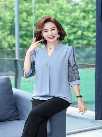 Корейски ризи Топове Дамски блузи Офис шифонени ризи Елегантна V-яка 3/4 ръкав Дамски топове blusas