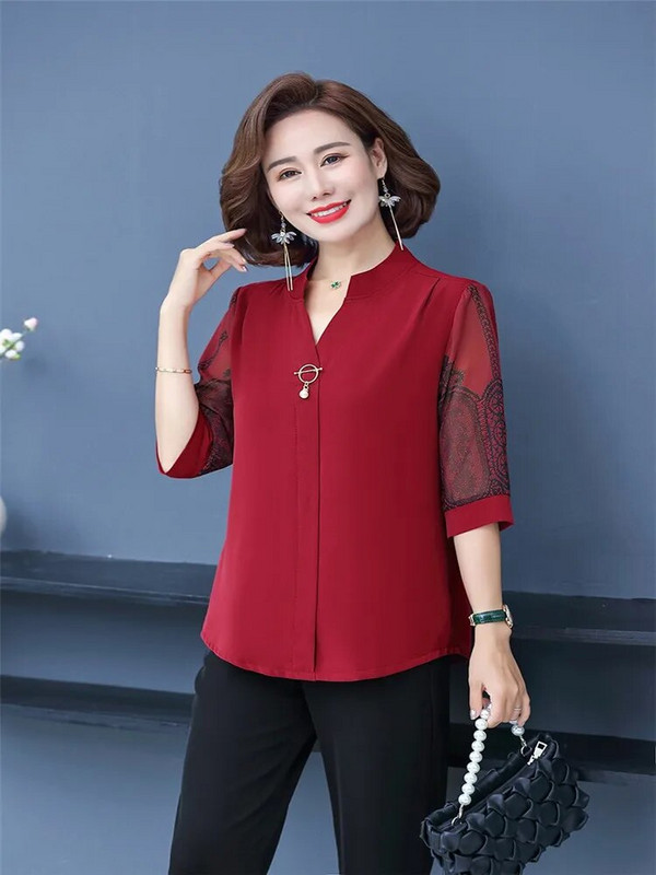 Korėjietiški marškiniai Viršutinės moteriškos palaidinės Biuro šifoniniai marškiniai Elegantiški V formos apykakle 3/4 rankovėmis Moteriški palaidinės palaidinės