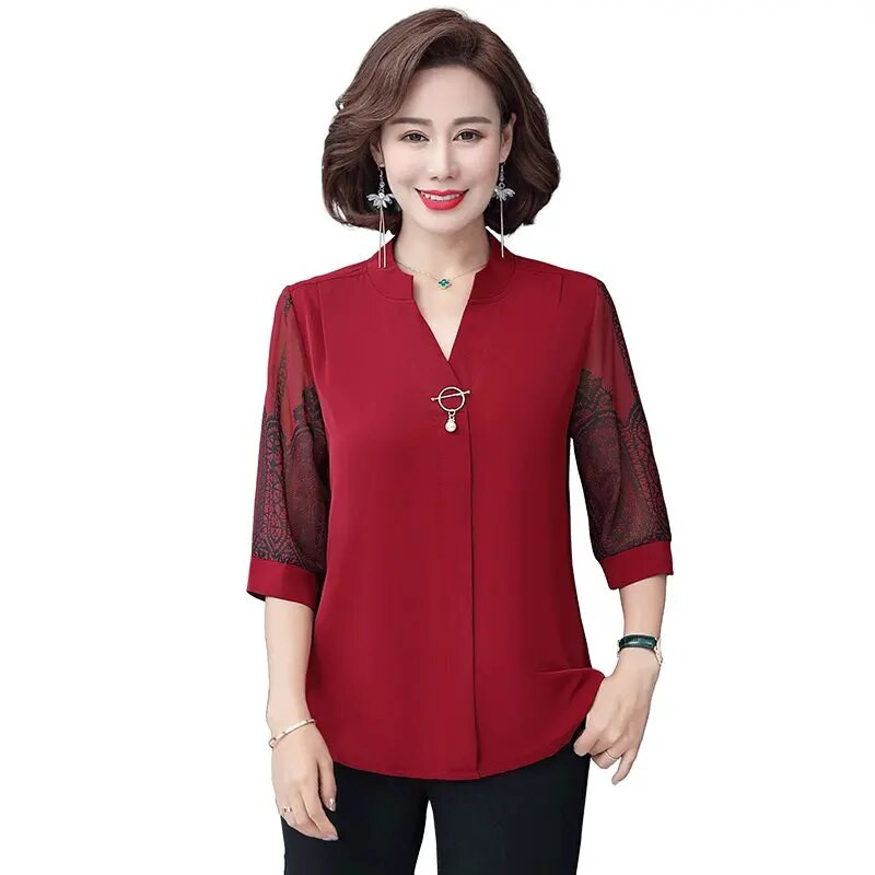 Korėjietiški marškiniai Viršutinės moteriškos palaidinės Biuro šifoniniai marškiniai Elegantiški V formos apykakle 3/4 rankovėmis Moteriški palaidinės palaidinės