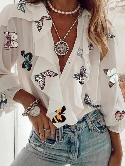 Γυναικεία πουκάμισα με στάμπα με μακρυμάνικο V λαιμόκοψη Μπλούζες και μπλούζα Harajuku Casual Loose Sexy Club Γυναικείο πουκάμισο Streetwear