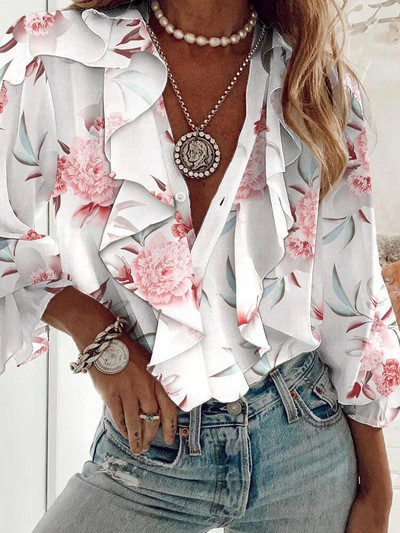 Γυναικεία πουκάμισα με στάμπα με μακρυμάνικο V λαιμόκοψη Μπλούζες και μπλούζα Harajuku Casual Loose Sexy Club Γυναικείο πουκάμισο Streetwear