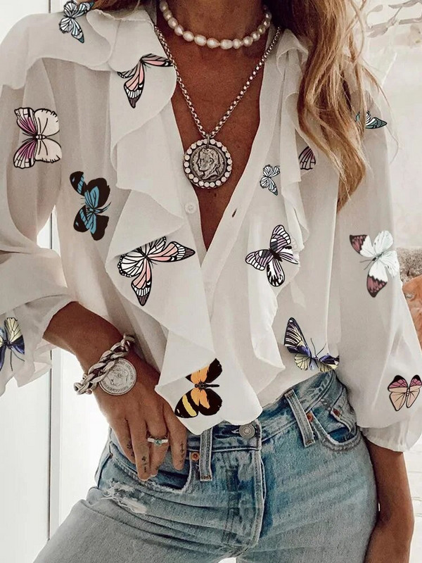 Γυναικεία πουκάμισα με στάμπα με μακρυμάνικο V λαιμόκοψη Μπλούζες και μπλούζα Harajuku Casual Loose Sexy Club Γυναικείο πουκάμισο Streetwear