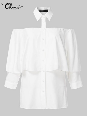 2023 Celmia Дамски бели топове с отворени рамене Есенни туники Секси риза с халтер Модна блуза 3/4 ръкави Ежедневни едноцветни елегантни блузи