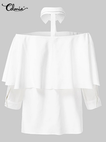 2023 Celmia Дамски бели топове с отворени рамене Есенни туники Секси риза с халтер Модна блуза 3/4 ръкави Ежедневни едноцветни елегантни блузи