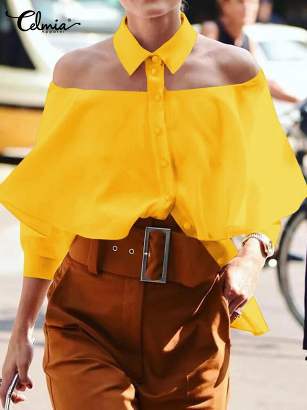 2023 m. Celmia Moteriški viršutiniai drabužiai, balti rudeniniai tunikai Seksualūs marškiniai su apynasriu madinga palaidinė 3/4 rankovėmis, laisvalaikio, solidžios, elegantiškos palaidinės