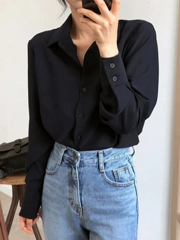 Καλοκαιρινή νέα άφιξη Γυναικεία μασίφ μαύρη μπλούζα σιφόν μακρυμάνικο casual γυναικείο πουκάμισο Κορεάτικο στυλ BF Chic μπλουζάκια Feminina Blusa T0