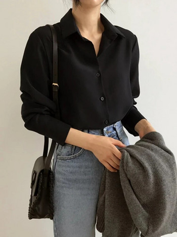 Лятна нова пристигаща дамска плътна черна шифонена блуза с дълъг ръкав Ежедневна риза Дамски корейски шикозни топове в стил BF Feminina Blusa T0