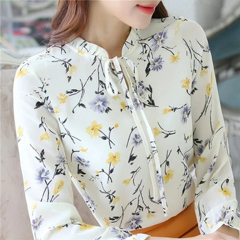Γυναικείες μπλούζες σιφόν ανοιξιάτικου φθινοπώρου πουκάμισα Lady casual μακρυμάνικο παπιγιόν γιακάς με λουλούδια εμπριμέ μπλούζα WY1010