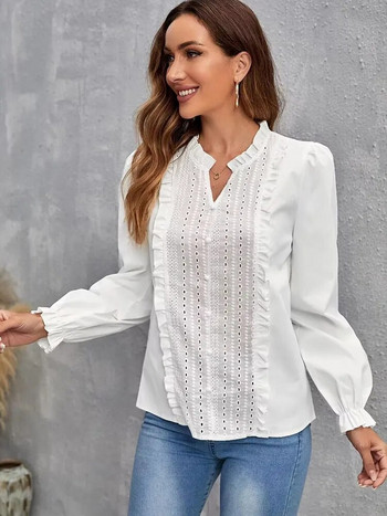 Κομψές ραφές με δαντέλα Γυναικείες φθινοπωρινές μπλούζες Fashion Puff μακρυμάνικο Top Casual λευκό πουκάμισο Νεανικές γυναικείες μπλούζες
