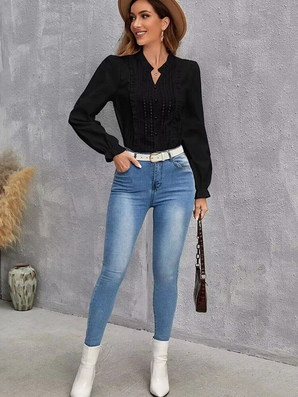 Elegantiškos nėrinių siūlės moteriškos rudeninės palaidinės Madingos pūstos ilgomis rankovėmis laisvalaikio balti marškiniai Jaunimo moters palaidinės