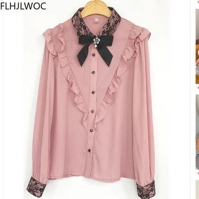 2023. gada rudens pavasaris Sieviešu piemīlīgi lentes tauriņi Preppy Style Vintage Japāna Korejas dizaina poga Eleganti formāli krekli Blūzes