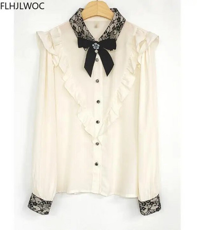 2023. gada rudens pavasaris Sieviešu piemīlīgi lentes tauriņi Preppy Style Vintage Japāna Korejas dizaina poga Eleganti formāli krekli Blūzes