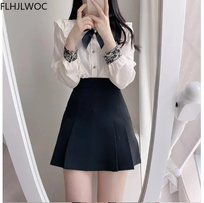 2023. gada rudens pavasaris Sieviešu piemīlīgi lentes tauriņi Preppy Style Vintage Japāna Korejas dizaina poga Eleganti formāli krekli Blūzes